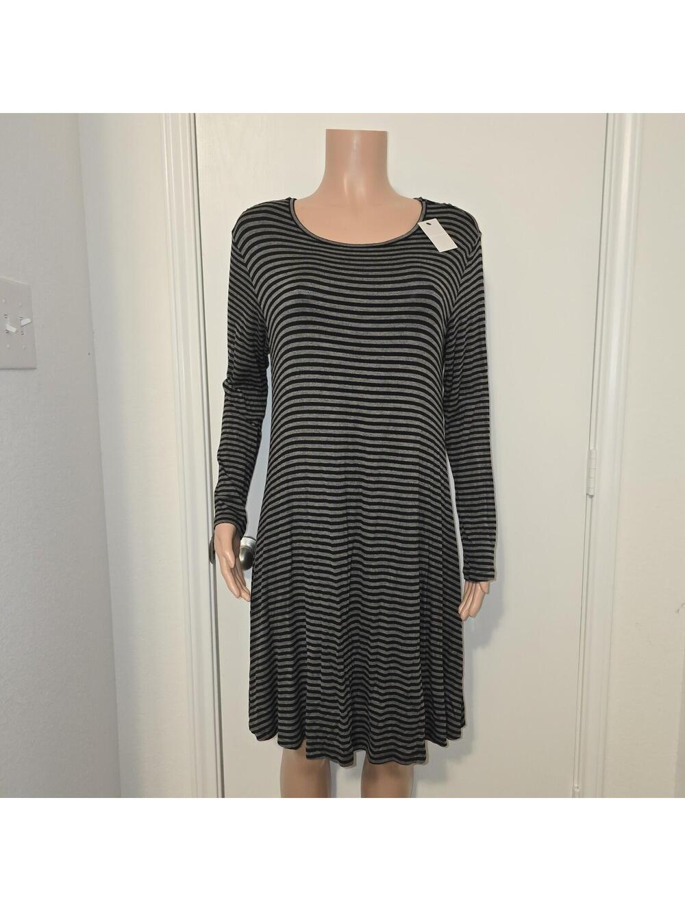 West Loop Long Sleeve Striped Knit Dress Sz L Comfy Stretchy Black Gray Layering